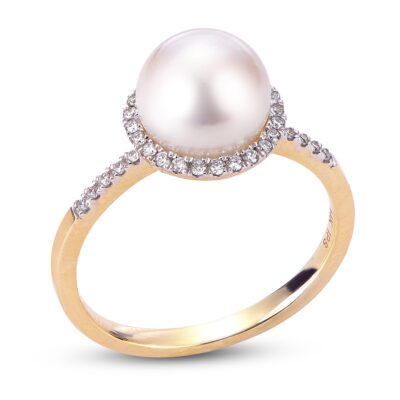 Akoya Pearl with Diamond Halo Ring in 14K Gold