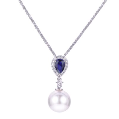 Akoya Pearl and Blue Sapphire and Diamond Pendant in 14K White Gold