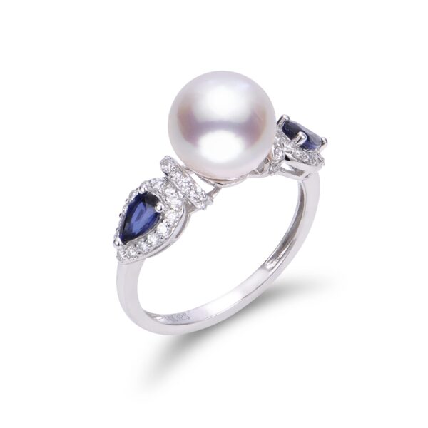 Akoya Pearl and Blue Sapphire Ring in 14K White Gold